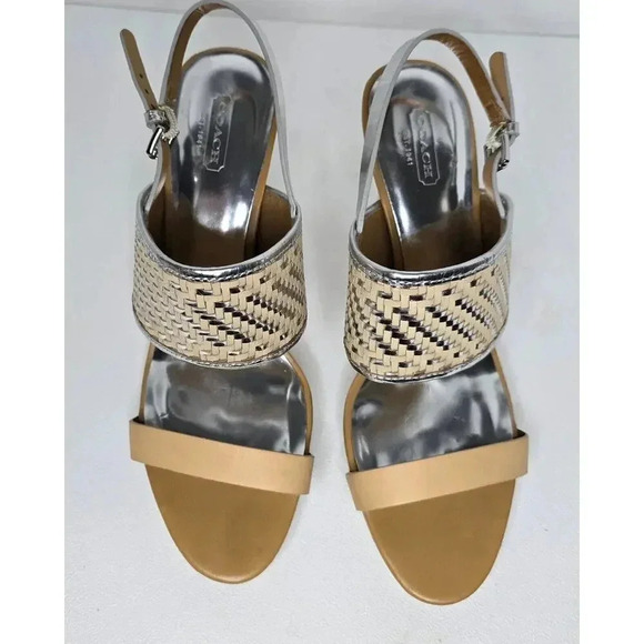 Coach Steffi Woven Slingback Stiletto Heels Silver Metallic Tan Leather 11 B - Picture 3 of 11